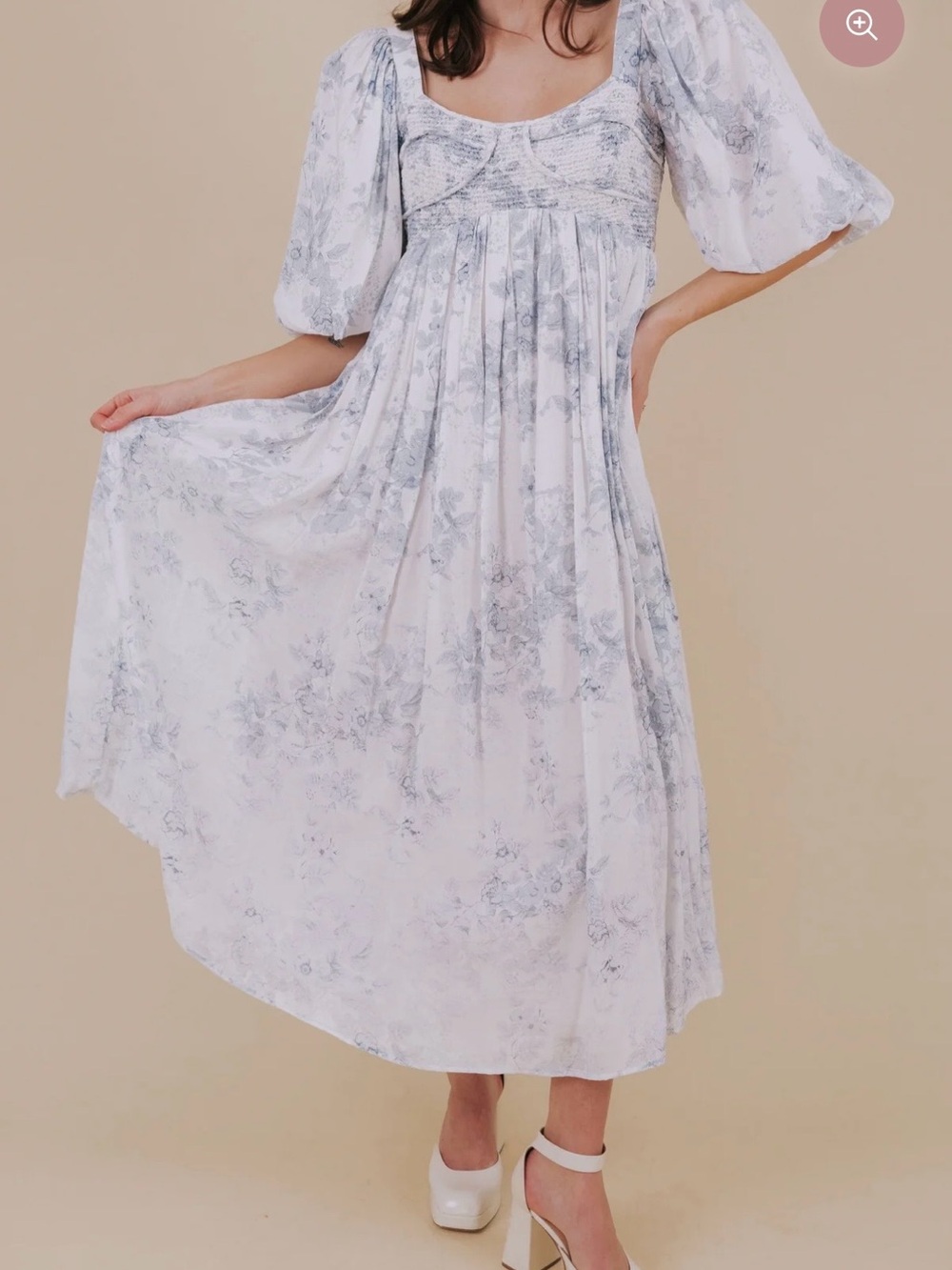vestique Pale Blue Floral Smocked Midi Dress